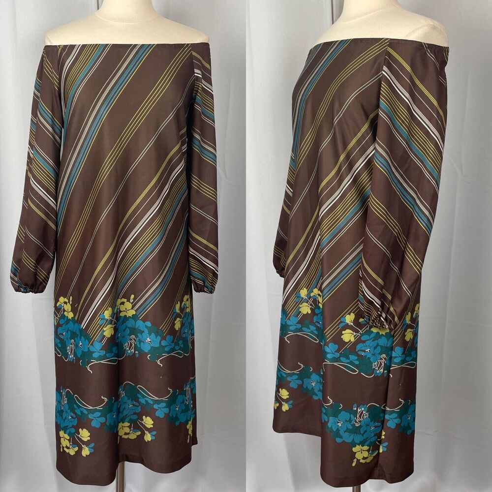 Vintage Boho Dress Size Medium Floral Brown Blue Off Shoulder 70s Retro Hippie